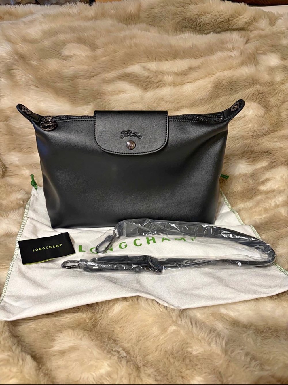 Longchamp Black Leather Crossbody with Snap Flap